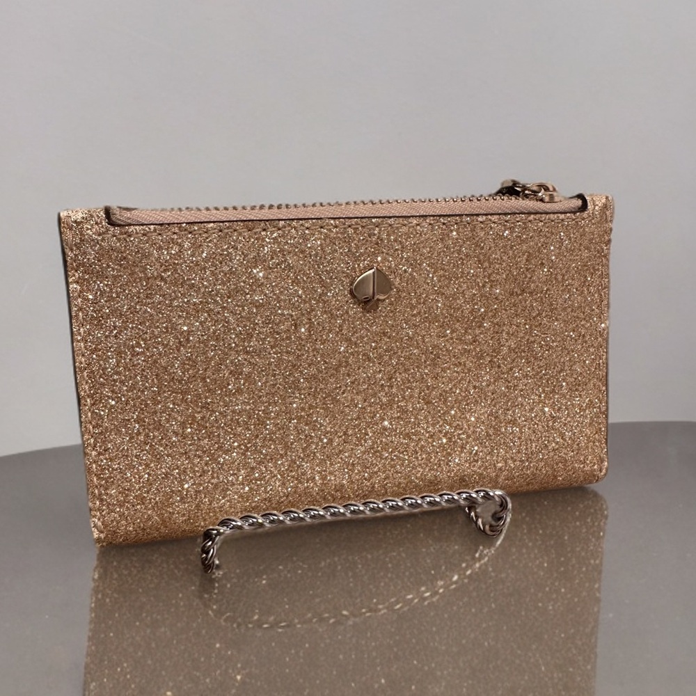 kate spade Glitter Bifold Zip Wallet Small Slim Gold NWOT
